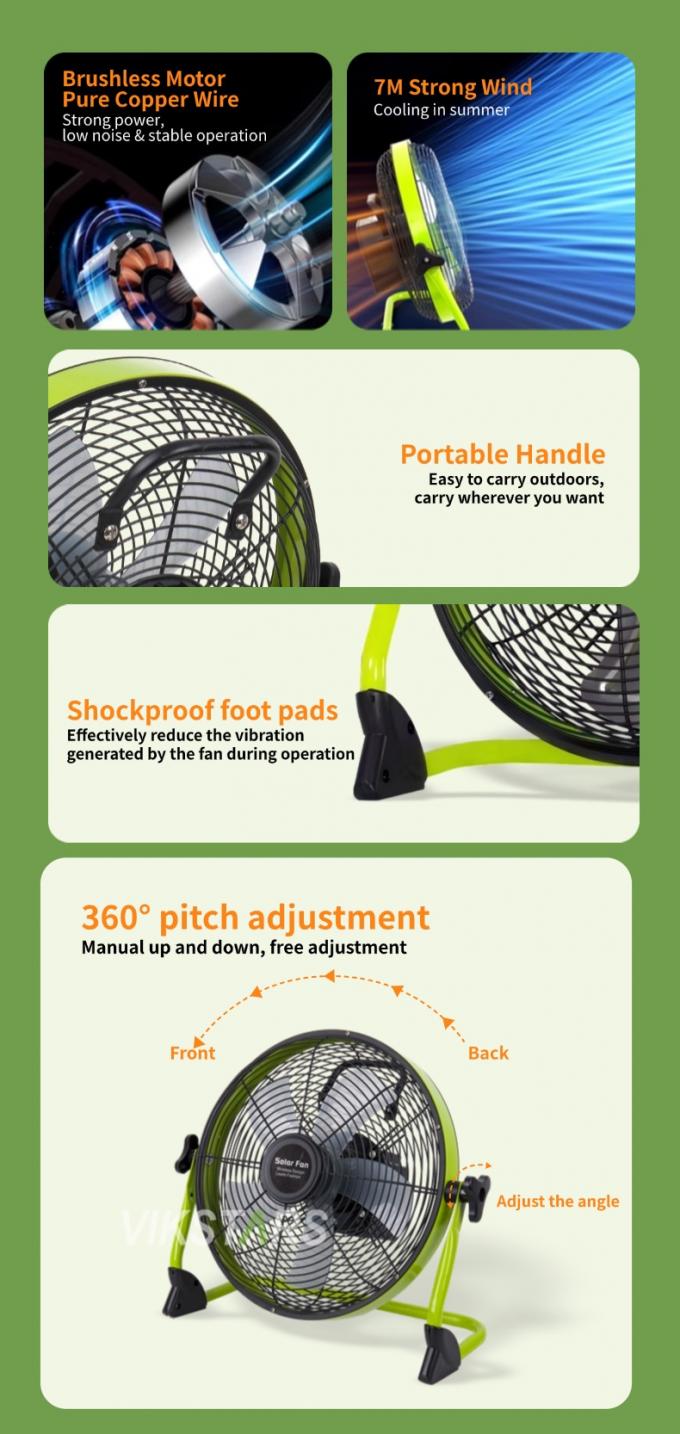 Ventilatore esterno portatile ricaricabile emergenza domestica 12 pollici 14 pollici ventilatore a pavimento solare ventilatore a energia solare silenzioso 8