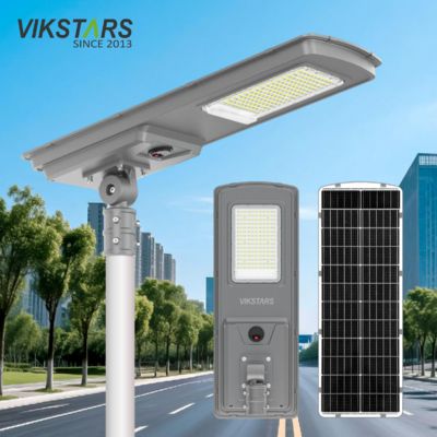comprare Lampade solari stradali all-in-one più recenti del 2025 per esterni da 300w 400w 500w per strade con sensore di luce e sensore di movimento fabbricazione online